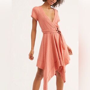 Free People coral sand full handkerchief hem wrap bodice short cuff sleeve midi